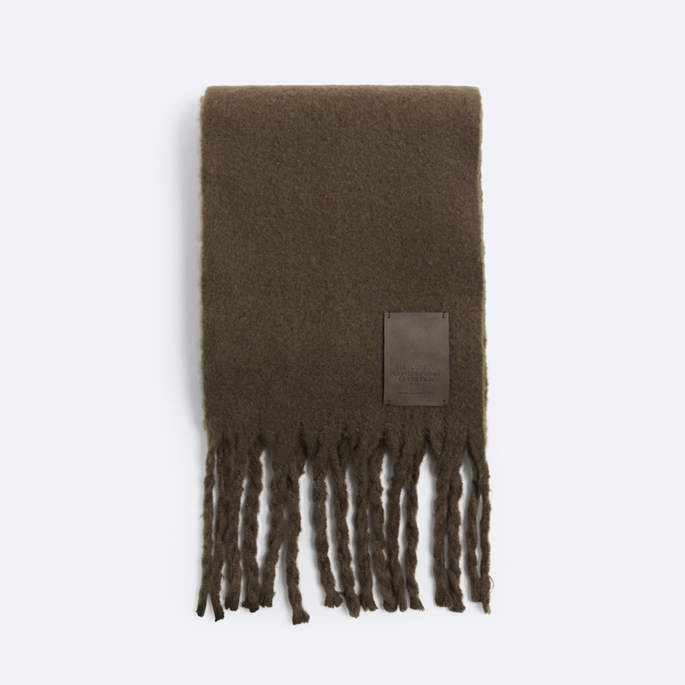 LONG FRINGE FAUX BRUSHED SCARF KHAKI DARK BROWN GREEN